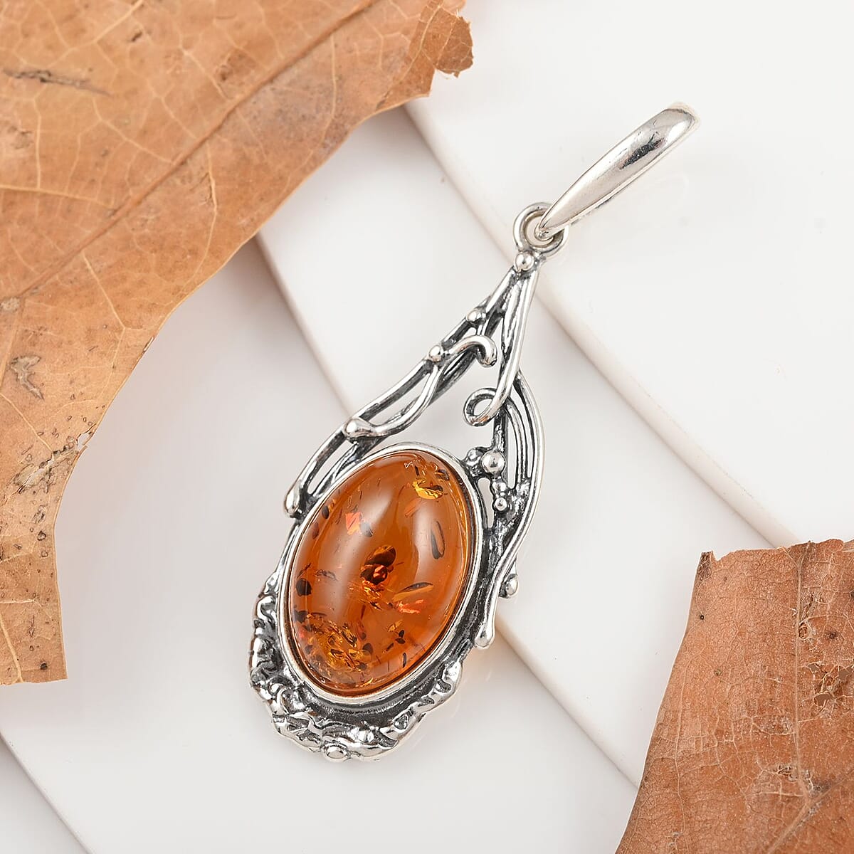 Baltic Cognac Colored Amber Pendant in Sterling Silver image number 1