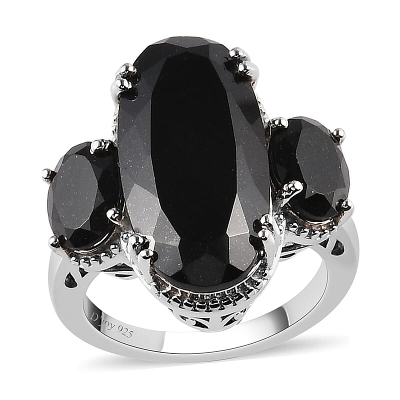 Australian Black Tourmaline 3 Stone Ring in Platinum Over Sterling Silver (Size 10.0) 12.50 ctw