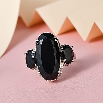 Australian Black Tourmaline 3 Stone Ring in Platinum Over Sterling Silver (Size 10.0) 12.50 ctw