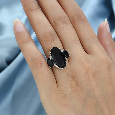 Australian Black Tourmaline 3 Stone Ring in Platinum Over Sterling Silver (Size 10.0) 12.50 ctw