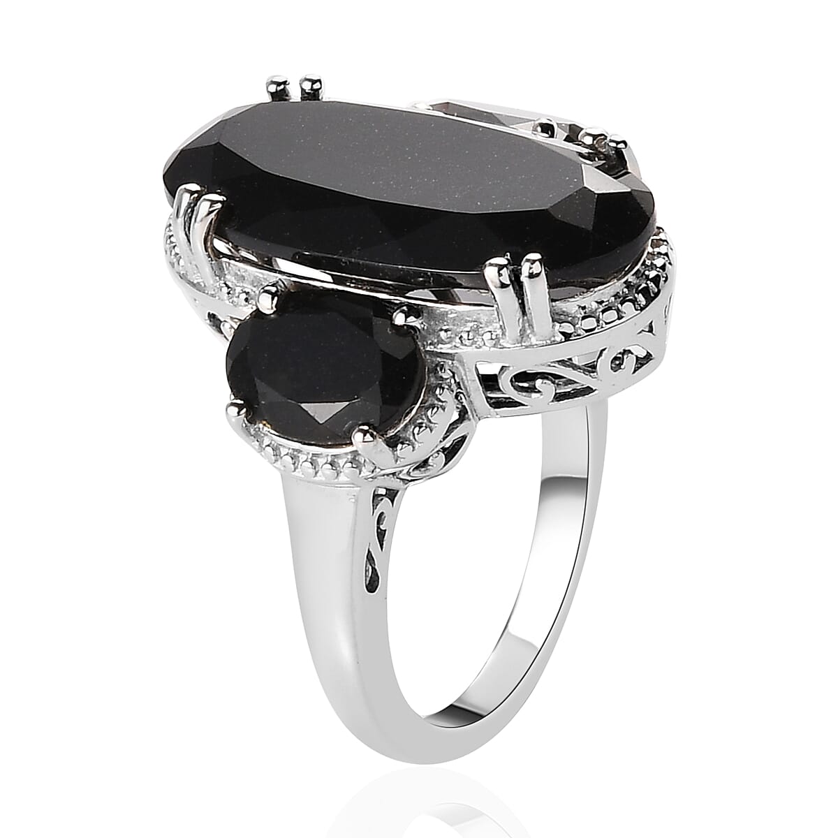 Australian Black Tourmaline 3 Stone Ring in Platinum Over Sterling Silver (Size 10.0) 12.50 ctw