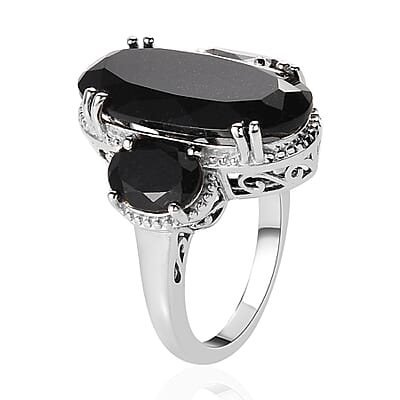Australian Black Tourmaline 3 Stone Ring in Platinum Over Sterling Silver (Size 10.0) 12.50 ctw