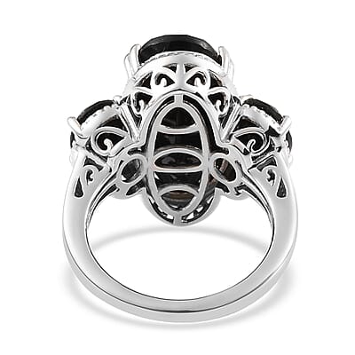 Australian Black Tourmaline 3 Stone Ring in Platinum Over Sterling Silver (Size 10.0) 12.50 ctw