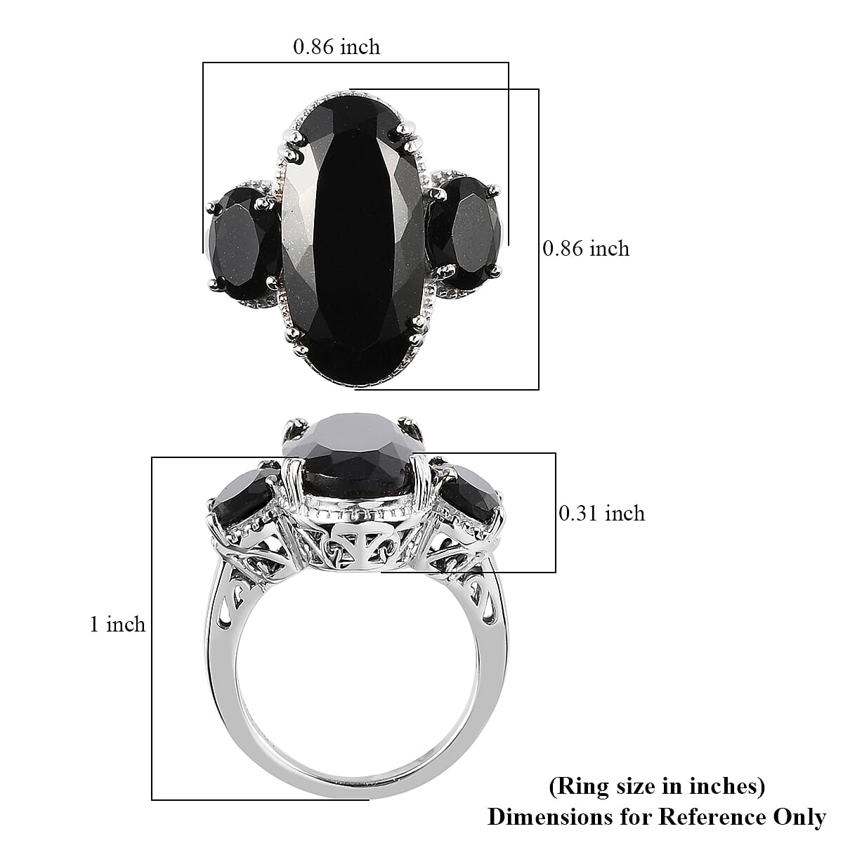 Australian Black Tourmaline 3 Stone Ring in Platinum Over Sterling Silver (Size 10.0) 12.50 ctw