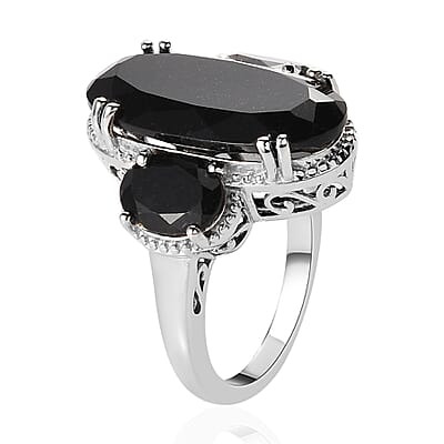 Australian Black Tourmaline 3 Stone Ring in Platinum Over Sterling Silver (Size 6.0) 12.50 ctw