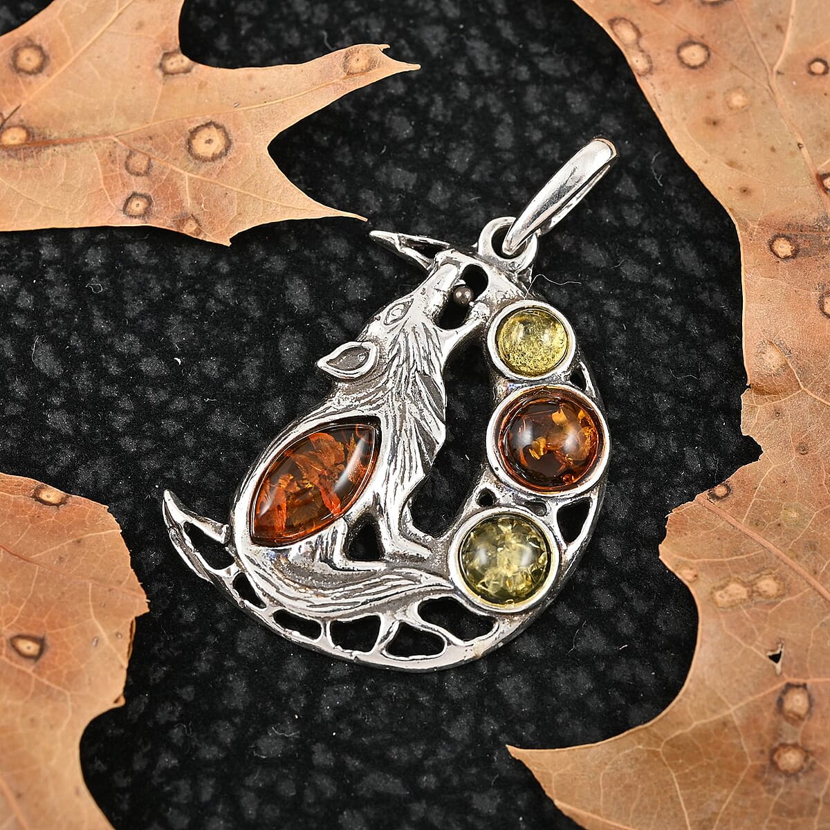 Multi Color Amber Howling Wolf and Moon Pendant in Sterling Silver image number 1