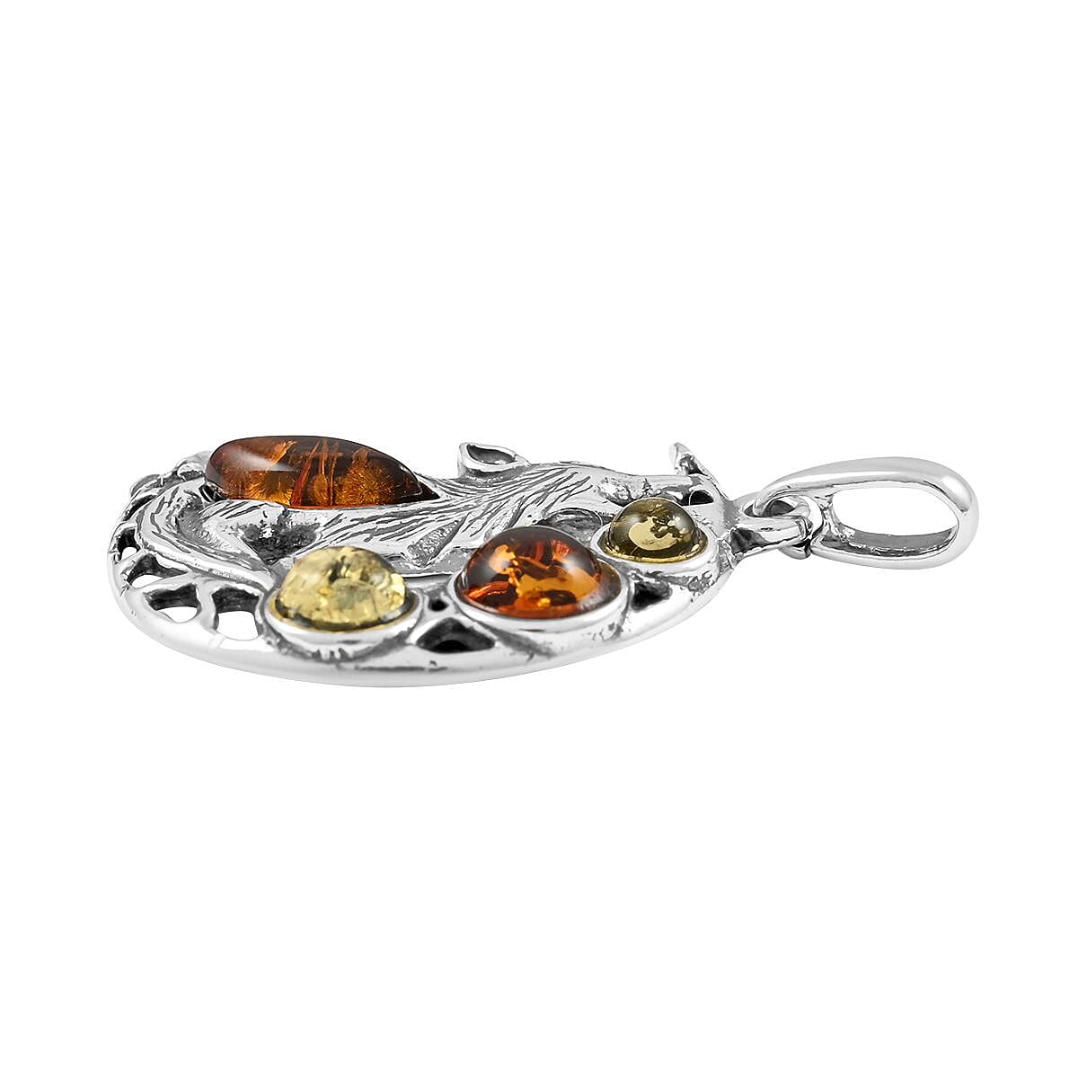 Multi Color Amber Howling Wolf and Moon Pendant in Sterling Silver image number 2