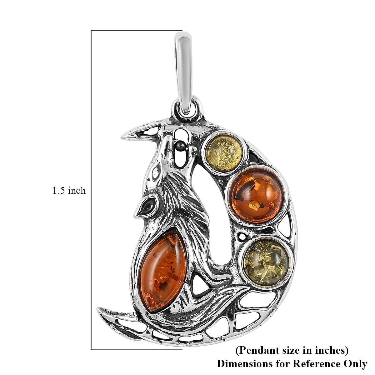 Multi Color Amber Howling Wolf and Moon Pendant in Sterling Silver image number 3