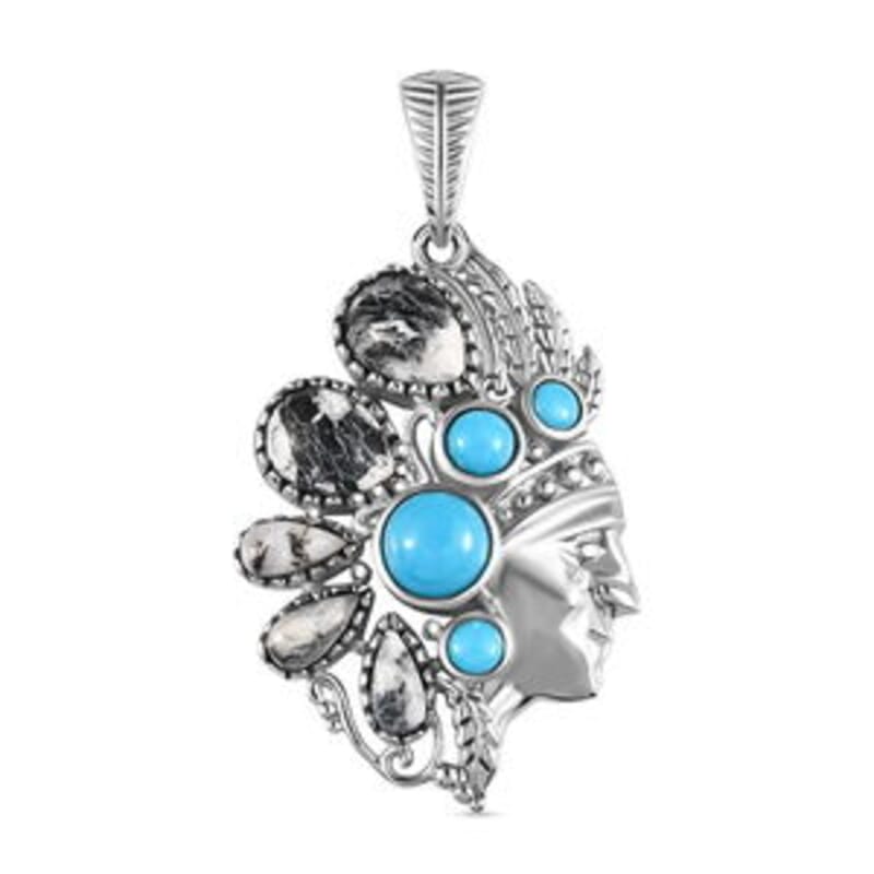 White Buffalo and Sleeping Beauty Turquoise 5.43 ctw Pendant in Platinum Over Sterling Silver
