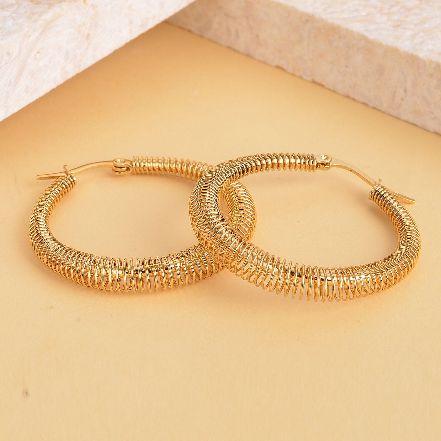Layered Pattern Textured Hoop Earrings in ION Plated YG Stainless Steel