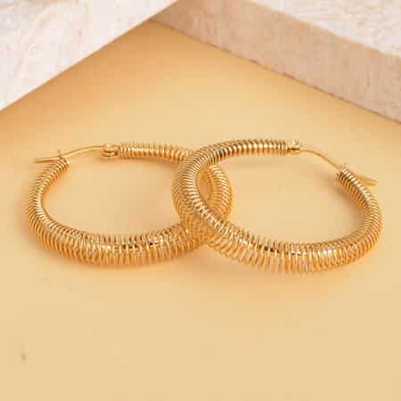 Layered Pattern Textured Hoop Earrings in ION Plated YG Stainless Steel image number 1