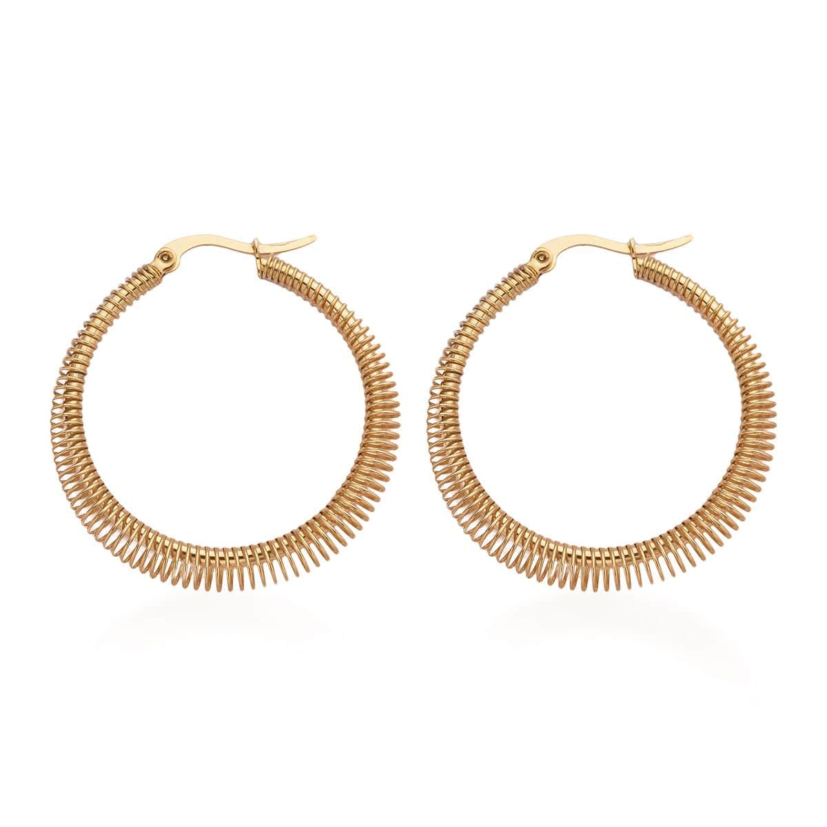 Layered Pattern Textured Hoop Earrings in ION Plated YG Stainless Steel image number 3