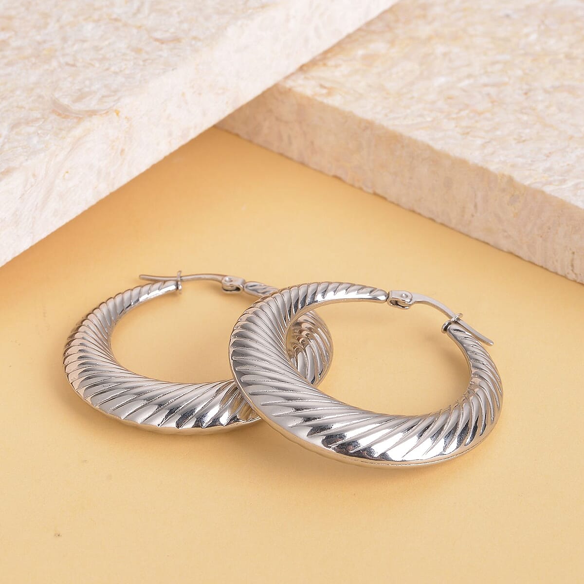 Rope Pattern Textured Hoop Earrings in Stainless Steel | Tarnish-Free, Waterproof, Sweat Proof Jewelry image number 1