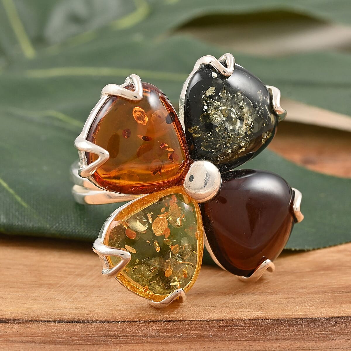 Multi Colored Amber Flower Ring with Open Band in Sterling Silver (Adjustable) 11.5 Grams image number 1