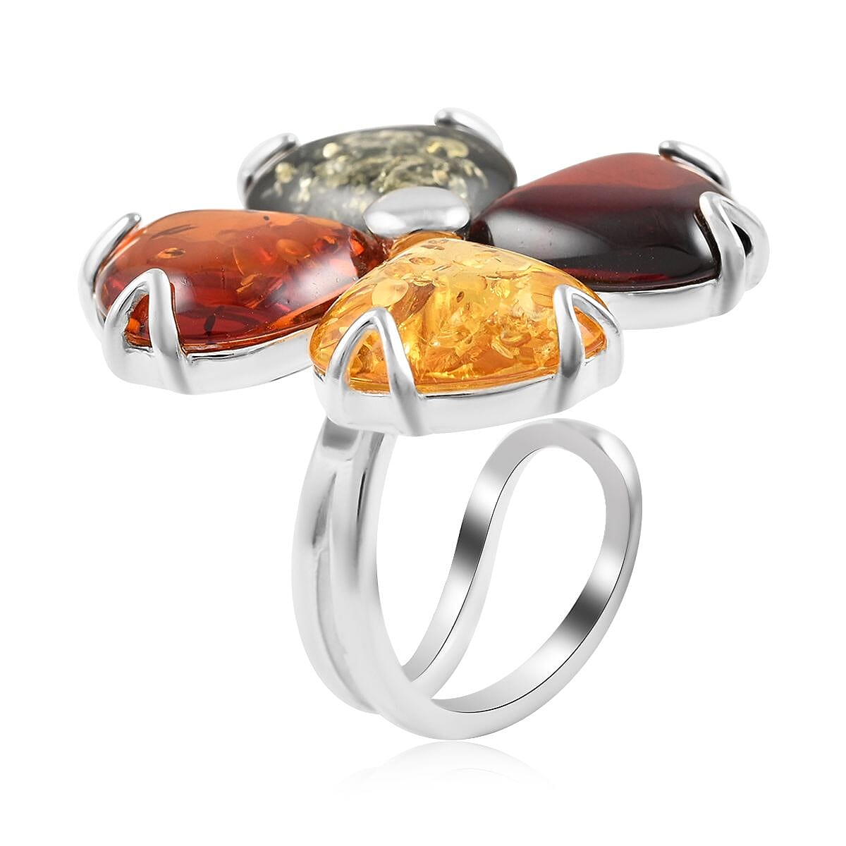 Multi Colored Amber Flower Ring with Open Band in Sterling Silver (Adjustable) 11.5 Grams image number 3