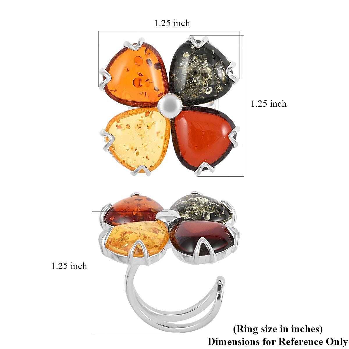 Multi Colored Amber Flower Ring with Open Band in Sterling Silver (Adjustable) 11.5 Grams image number 4