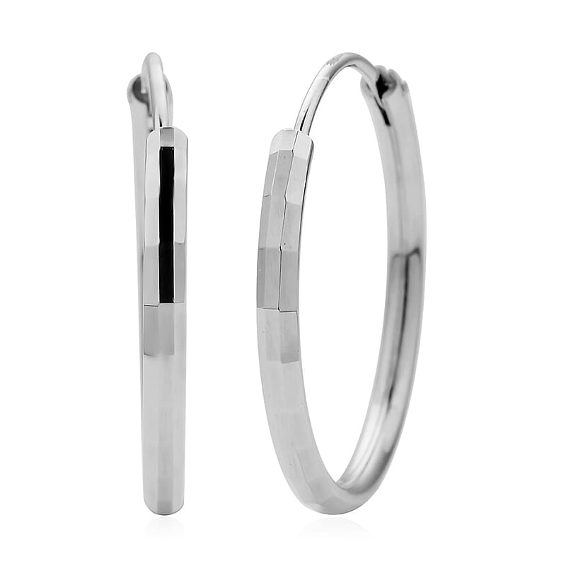 Rhodium Over Sterling Silver Bamboo Hoop Earrings