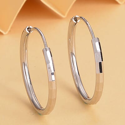 Rhodium Over Sterling Silver Bamboo Hoop Earrings