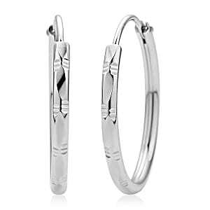 Rhodium Over Sterling Silver Diamond-Cut Hoop Earrings