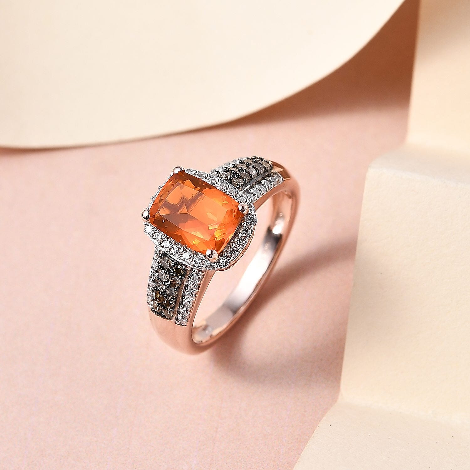 Jalisco Fire Opal, Moissanite and Natural Champagne Diamond Ring in Vermeil Rose Gold Over Sterling Silver (Size 10.0) 1.40 ctw