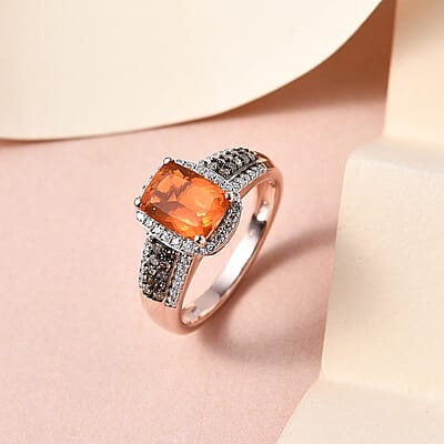 Jalisco Fire Opal, Moissanite and Natural Champagne Diamond Ring in Vermeil Rose Gold Over Sterling Silver (Size 10.0) 1.40 ctw