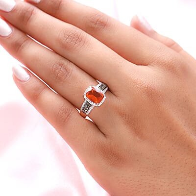 Jalisco Fire Opal, Moissanite and Natural Champagne Diamond Ring in Vermeil Rose Gold Over Sterling Silver (Size 10.0) 1.40 ctw