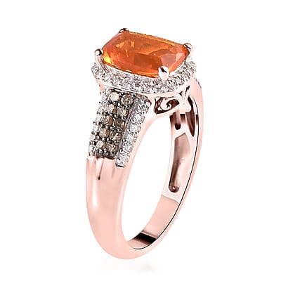 Jalisco Fire Opal, Moissanite and Natural Champagne Diamond Ring in Vermeil Rose Gold Over Sterling Silver (Size 10.0) 1.40 ctw