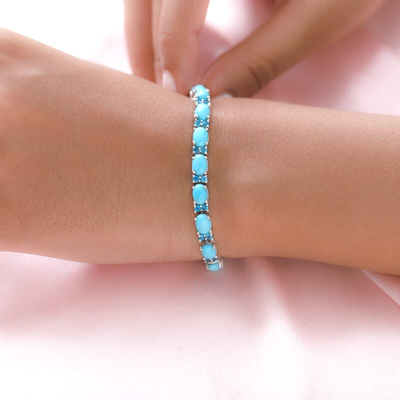Sleeping Beauty Turquoise and Malgache Neon Apatite Bracelet in Platinum Over Sterling Silver (6.50 In) 13.20 ctw