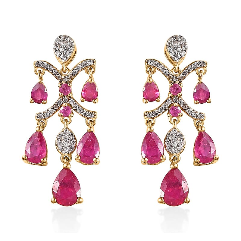 Pink Ruby (FF) and White Zircon Dangling Earrings in Vermeil YG Over Sterling Silver 6.25 ctw