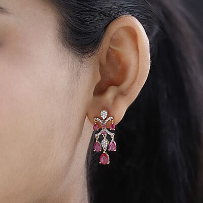 Pink Ruby (FF) and White Zircon Dangling Earrings in Vermeil YG Over Sterling Silver 6.25 ctw