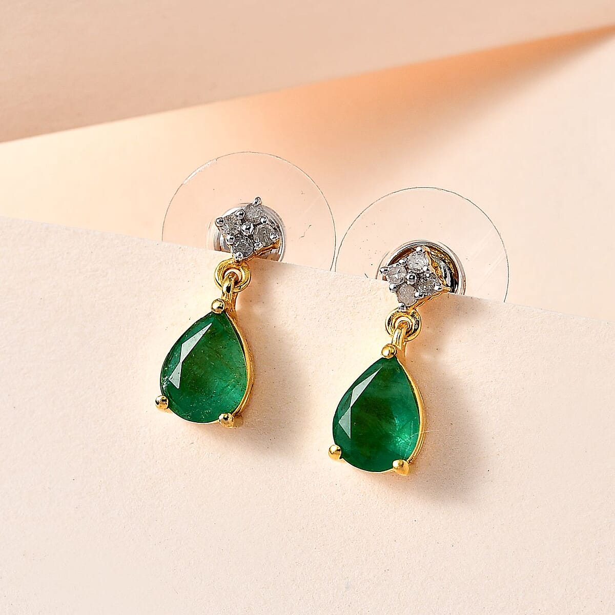 Brazilian Emerald and Diamond Drop Earrings in Vermeil Yellow Gold Over Sterling Silver 2.10 ctw image number 1