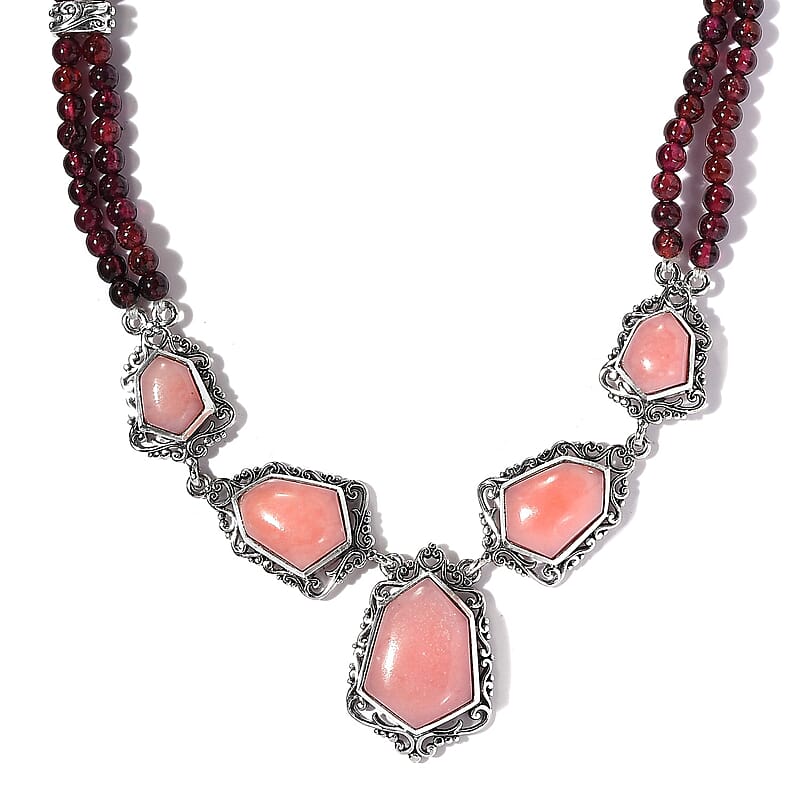 Artisan Crafted Peruvian Pink Opal and Orissa Rhodolite Garnet Necklace 18-20 Inches in Sterling Silver 86.15 ctw