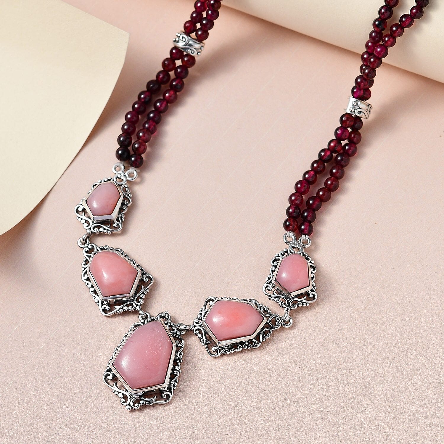 Artisan Crafted Peruvian Pink Opal and Orissa Rhodolite Garnet Necklace 18-20 Inches in Sterling Silver 86.15 ctw