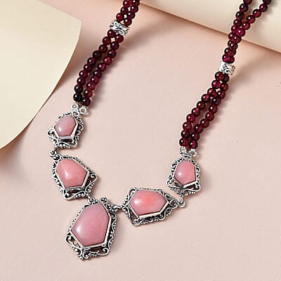 Artisan Crafted Peruvian Pink Opal and Orissa Rhodolite Garnet Necklace 18-20 Inches in Sterling Silver 86.15 ctw