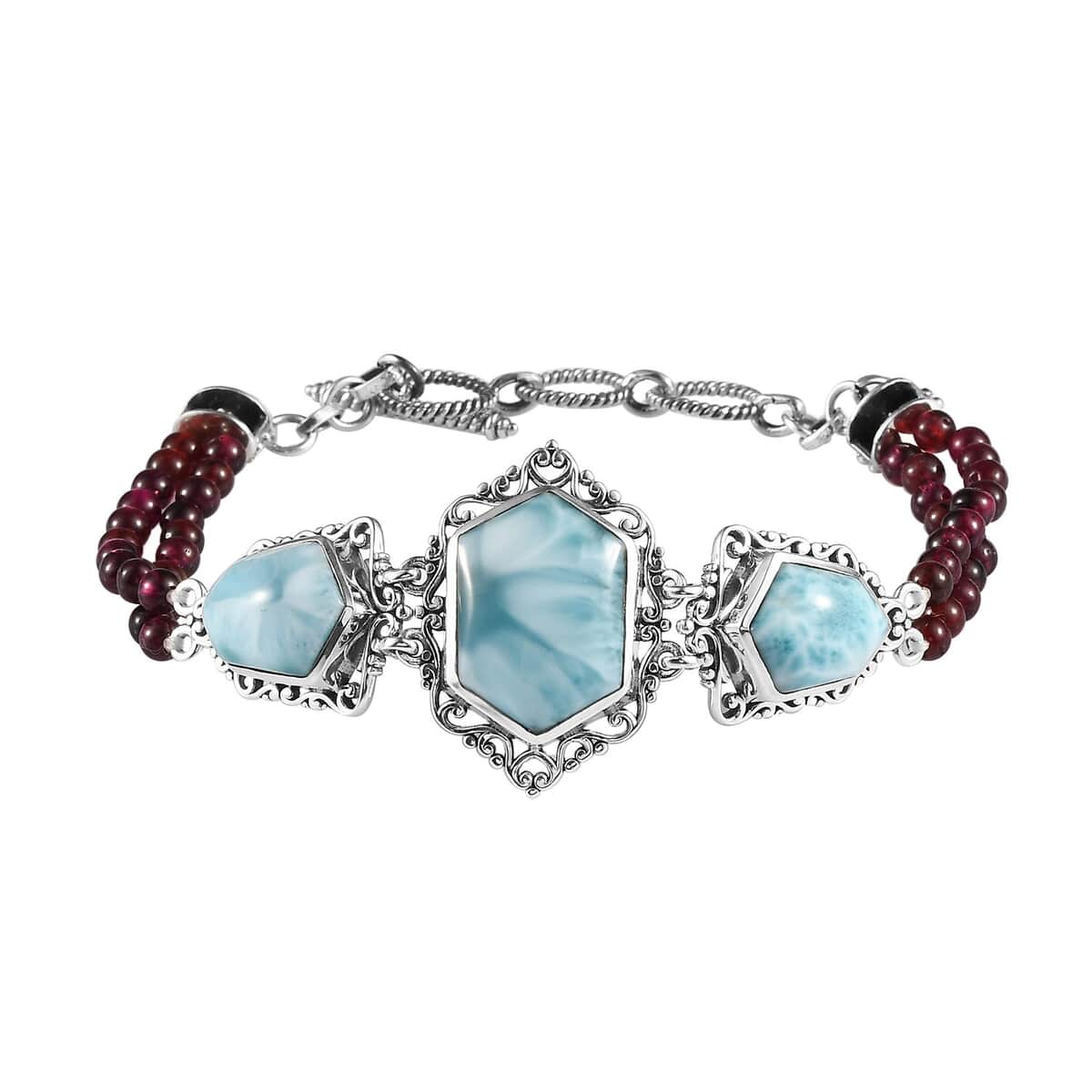 Artisan Crafted Larimar and Orissa Rhodolite Garnet Toggle Clasp Bracelet in Sterling Silver (7-8.50In) 47.60 ctw image number 0
