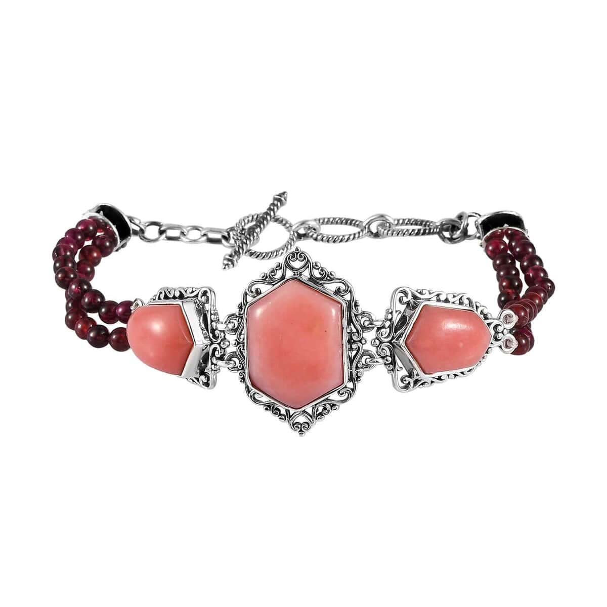 Artisan Crafted Peruvian Pink Opal and Orissa Rhodolite Garnet Toggle Clasp Bracelet in Sterling Silver (7-8.50In) 43.65 ctw image number 0