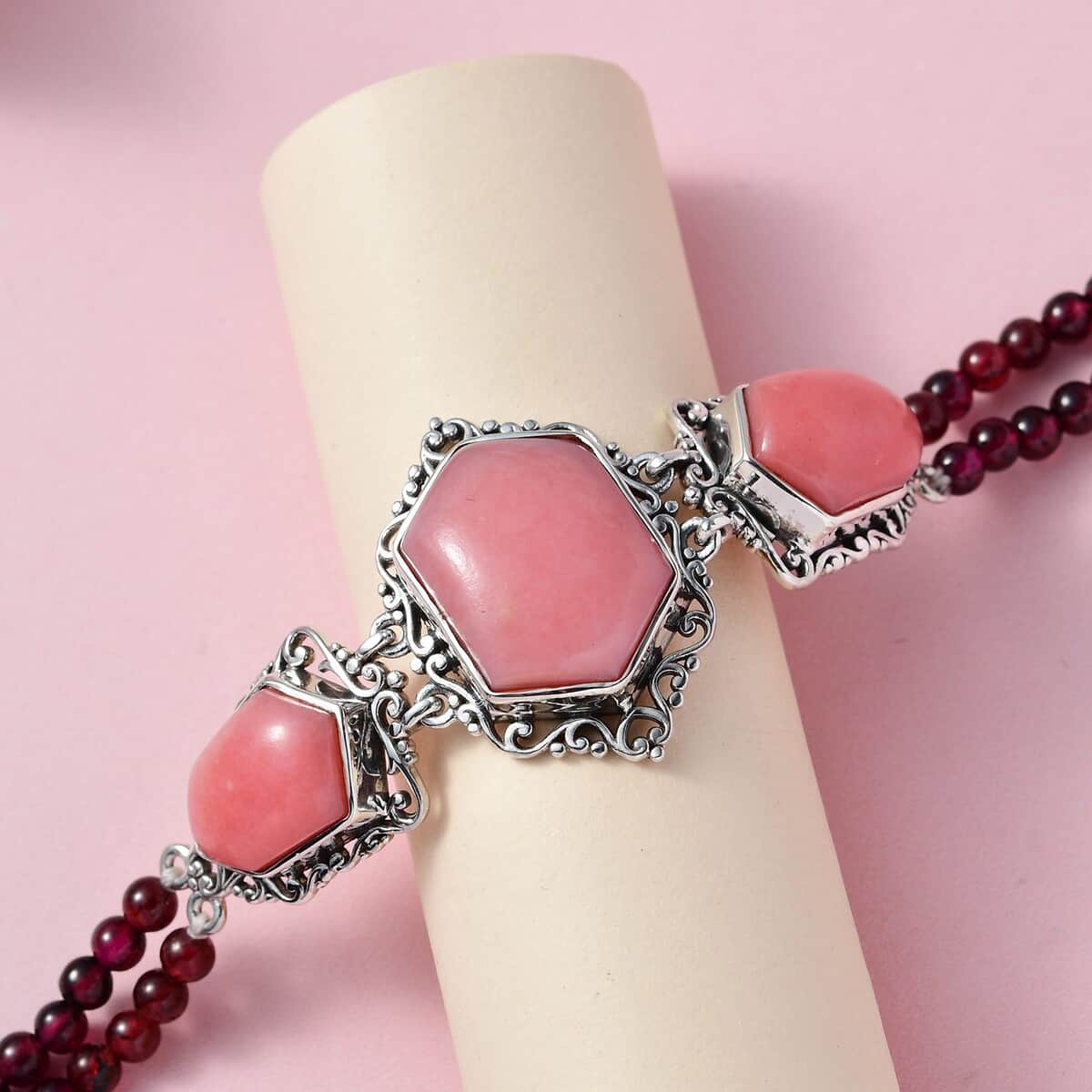 Artisan Crafted Peruvian Pink Opal and Orissa Rhodolite Garnet Toggle Clasp Bracelet in Sterling Silver (7-8.50In) 43.65 ctw image number 1