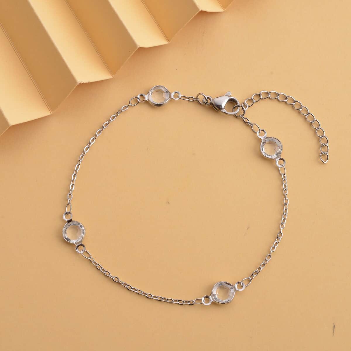 White Glass Bracelet in Stainless Steel (7.50-9.0In) , Tarnish-Free, Waterproof, Sweat Proof Jewelry image number 1
