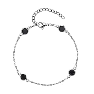 Black Glass Station Bracelet in Stainless Steel (7.50-9.0In) , Tarnish-Free, Waterproof, Sweat Proof Jewelry