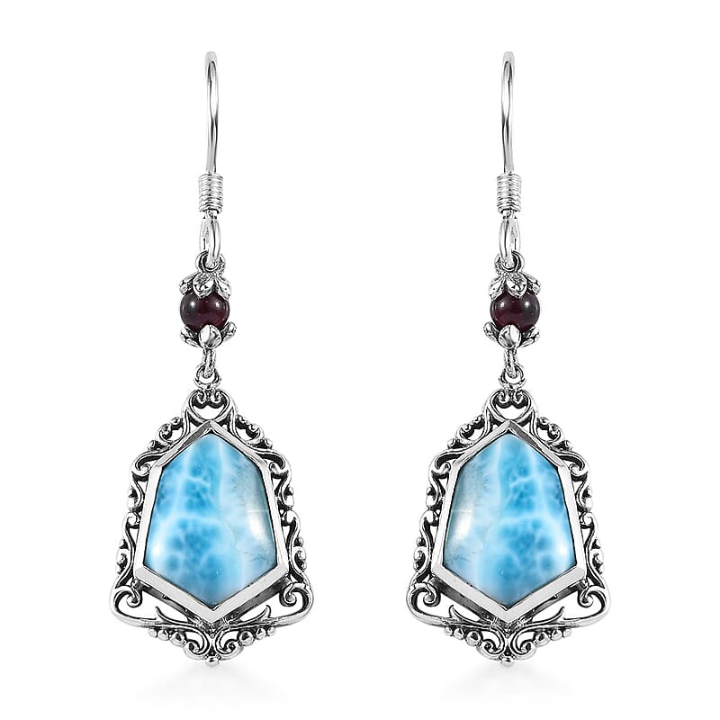 Artisan Crafted Larimar and Orissa Rhodolite Garnet Dangle Earrings in Sterling Silver 11.50 ctw