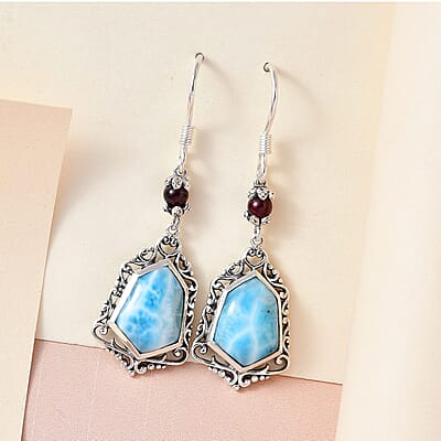 Artisan Crafted Larimar and Orissa Rhodolite Garnet Dangle Earrings in Sterling Silver 11.50 ctw