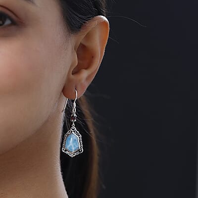 Artisan Crafted Larimar and Orissa Rhodolite Garnet Dangle Earrings in Sterling Silver 11.50 ctw