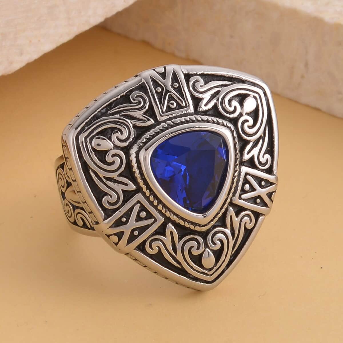 Simulated Blue Diamond Filigree Ring in Black Oxidized Stainless Steel (Size 10.0) image number 1
