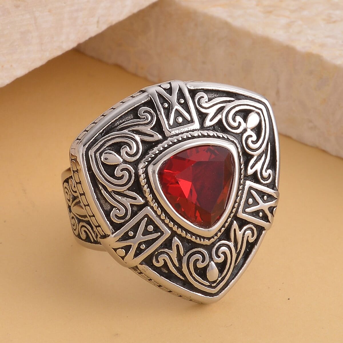 Simulated Ruby Color Diamond Filigree Ring in Black Oxidized Stainless Steel (Size 7.0) 15.00 ctw image number 1