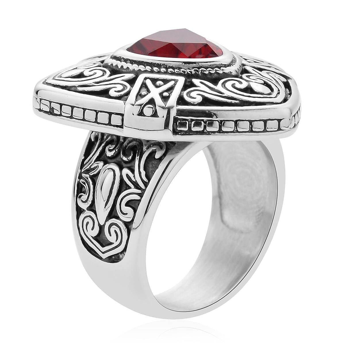 Simulated Ruby Color Diamond Filigree Ring in Black Oxidized Stainless Steel (Size 7.0) 15.00 ctw image number 3