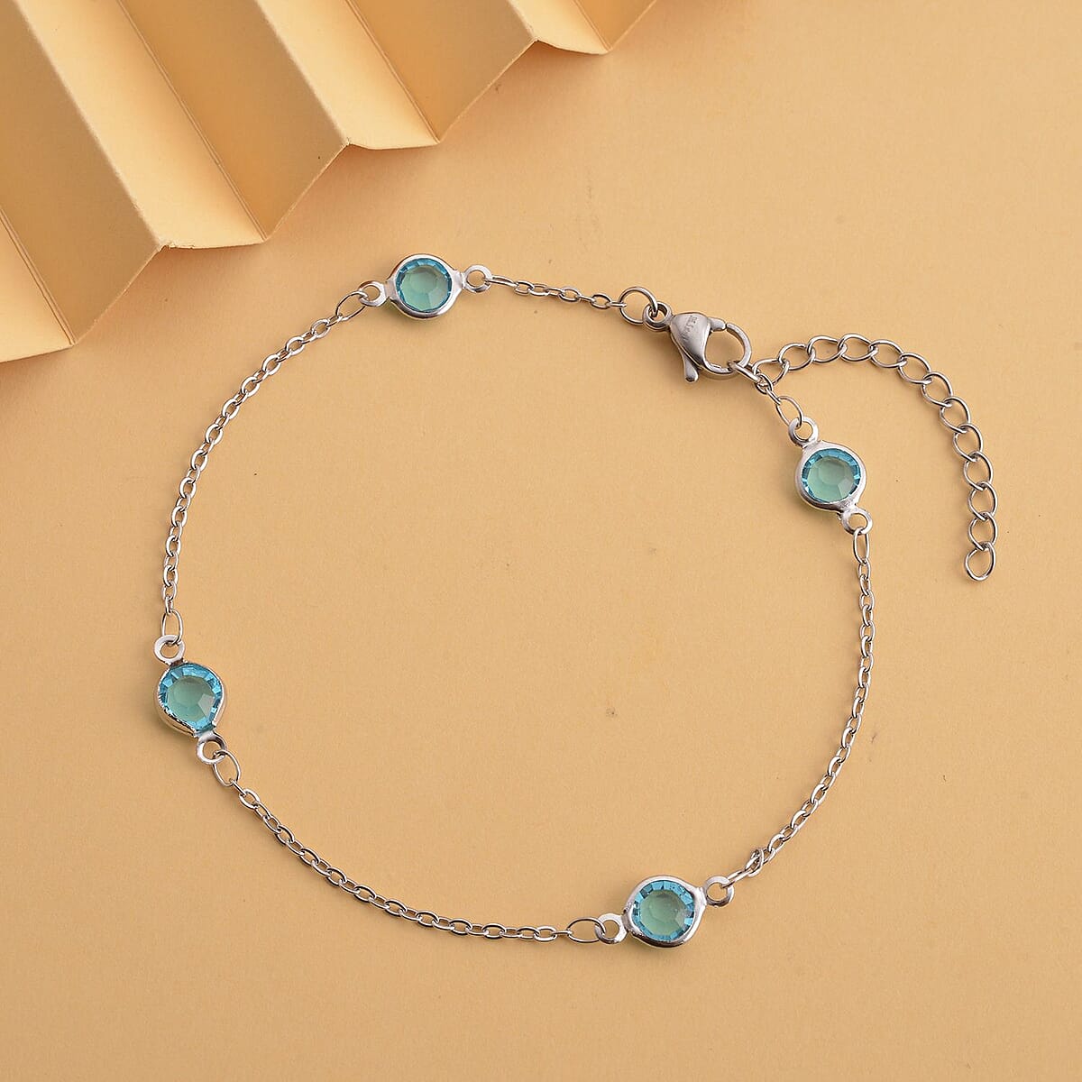 Blue Glass Station Bracelet in Stainless Steel (7.50-9.0In) , Tarnish-Free, Waterproof, Sweat Proof Jewelry image number 1