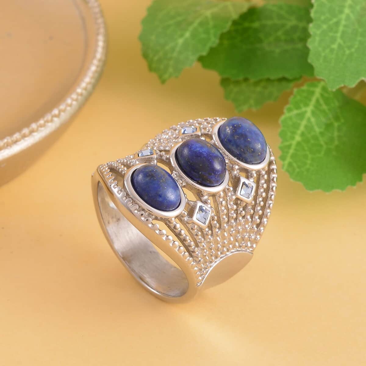 Lapis Lazuli and Blue Austrian Crystal Ring in Stainless Steel 30.00 ctw image number 1