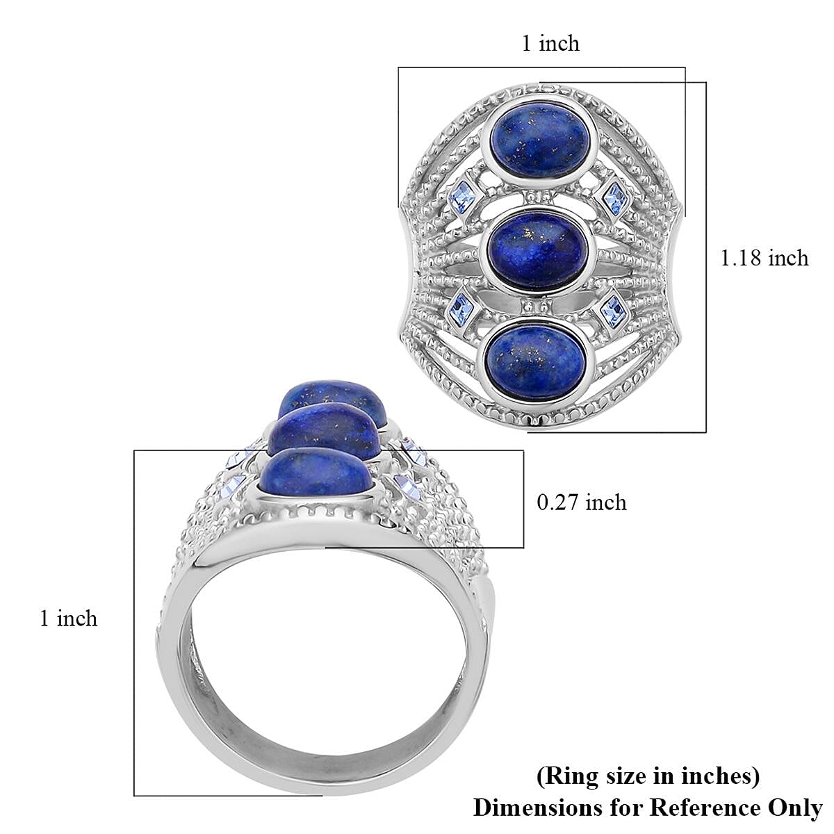 Lapis Lazuli and Blue Austrian Crystal Ring in Stainless Steel (Size 10.0) 30.00 ctw