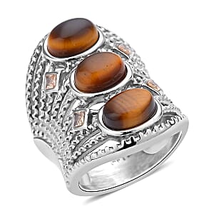 Yellow Tiger's Eye and Yellow Austrian Crystal Ring in Stainless Steel (Size 8.0) 30.00 ctw