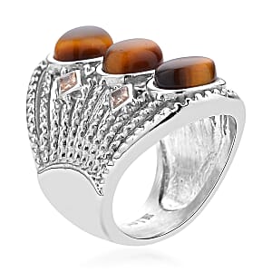 Yellow Tiger's Eye and Yellow Austrian Crystal Ring in Stainless Steel (Size 8.0) 30.00 ctw